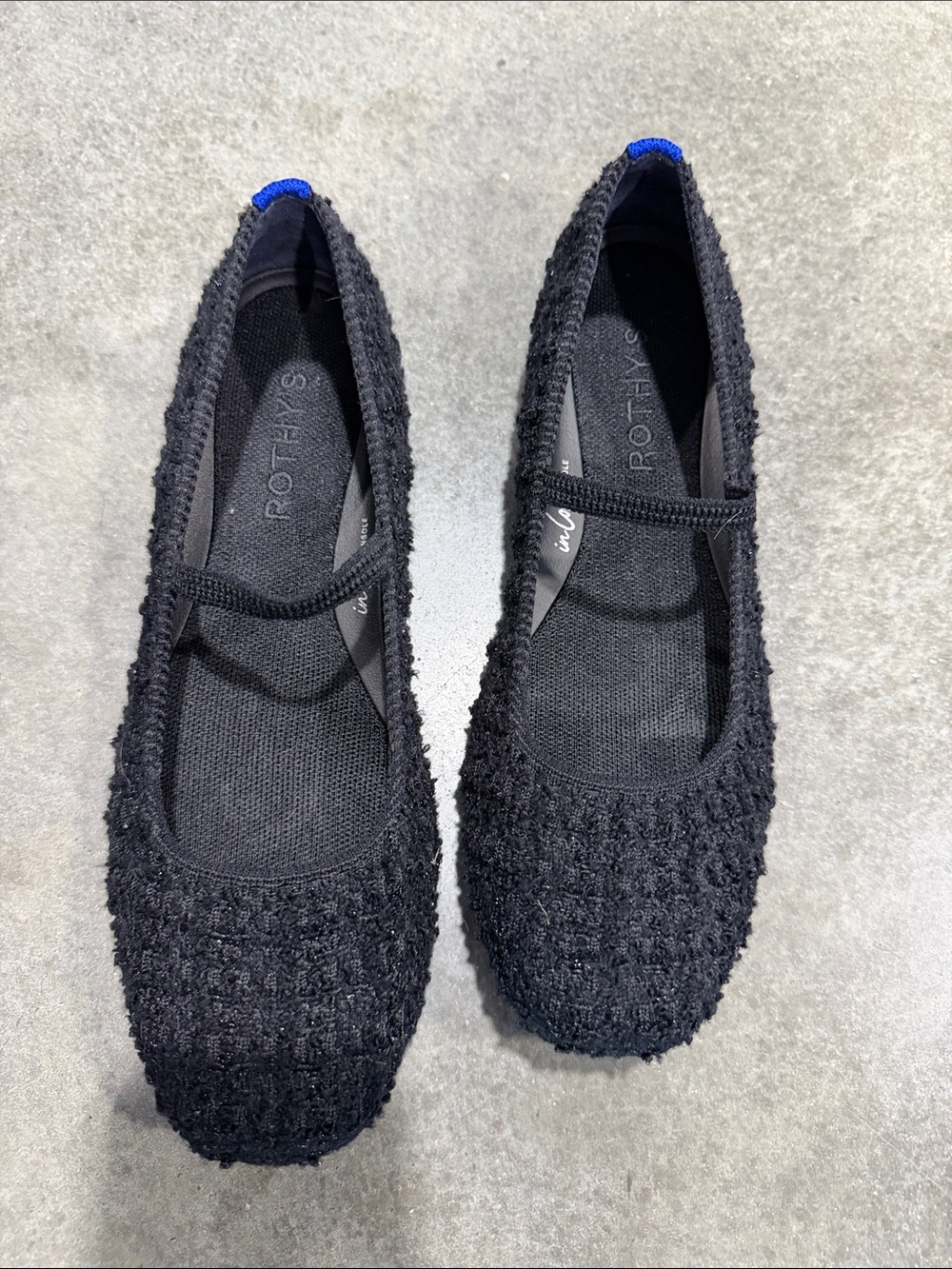Rothy's Black Mary Jane Knit Flats with Blue Heel Tab